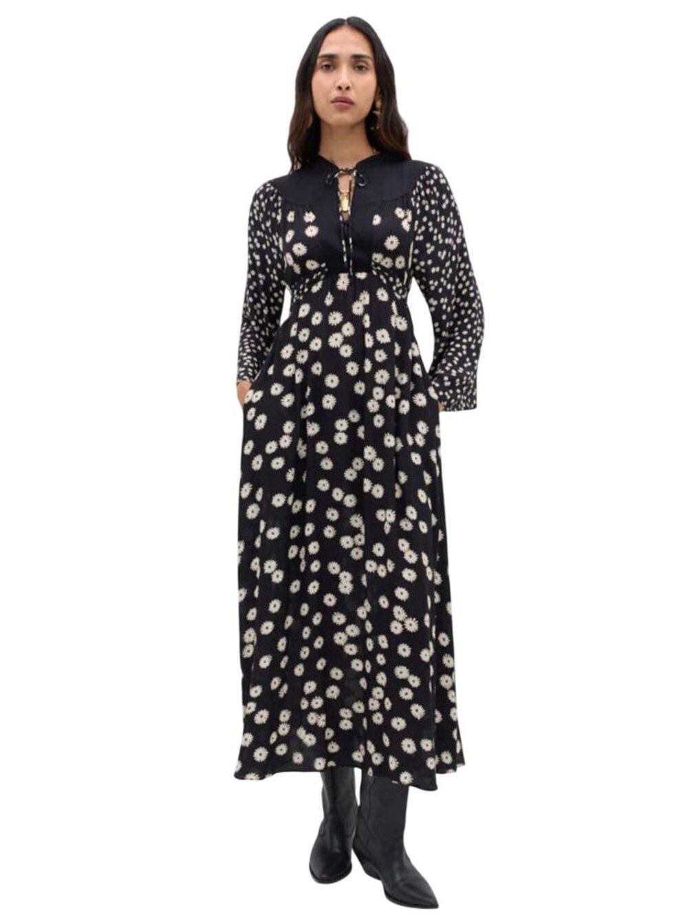Rixo Anela Tie Neck Dress in Daisy Black Large Womens Long Maxi Gown